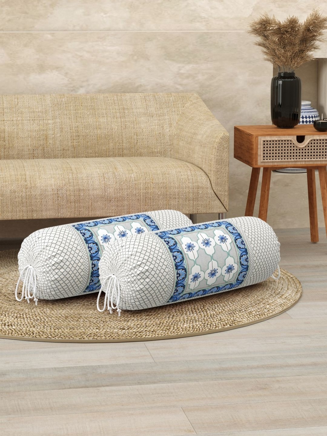 

BLOCKS OF INDIA White & Blue 2 Pieces Ethnic Motifs Printed Cotton Bolster Covers