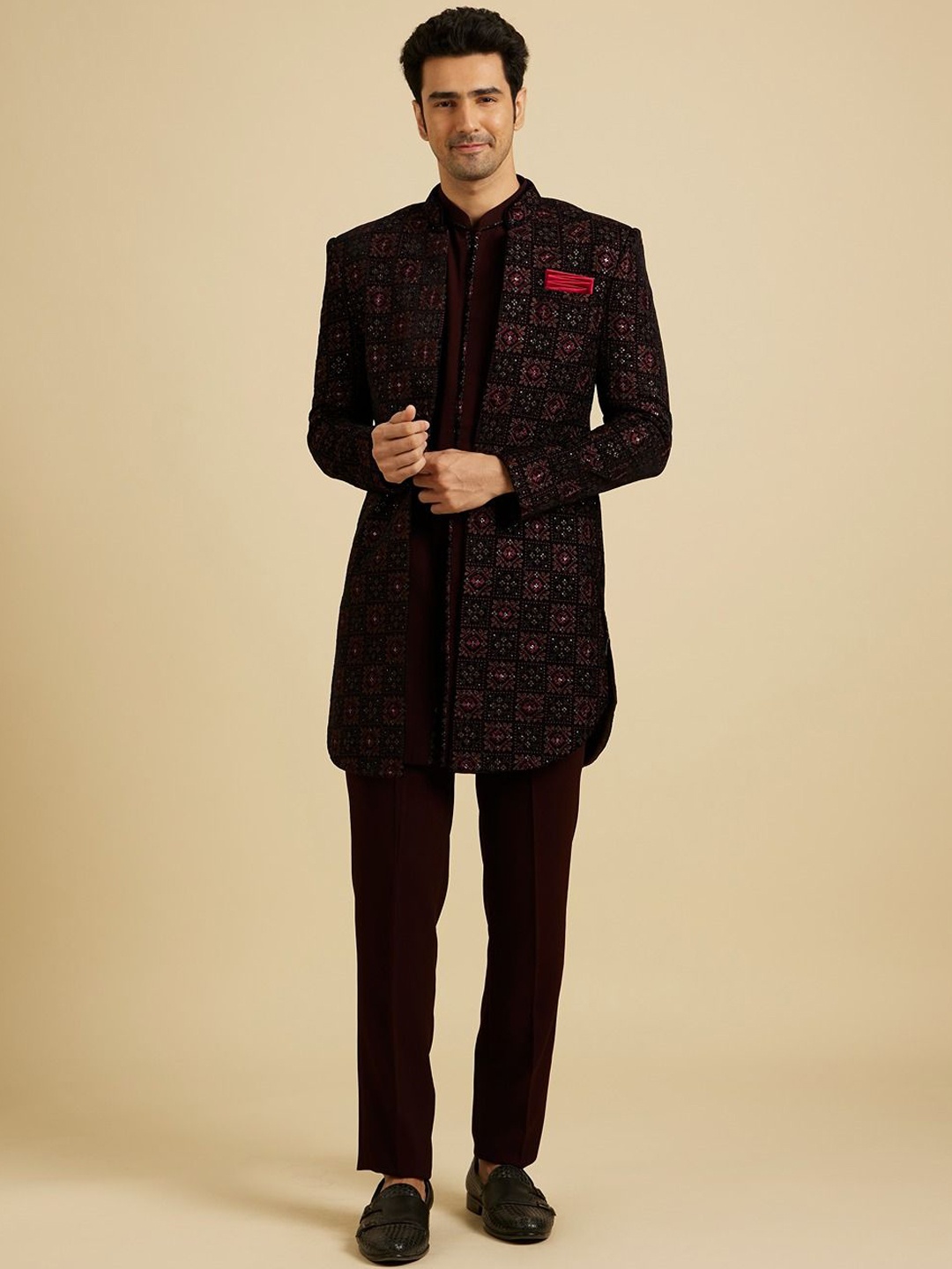 

Manyavar Men Embroidered Long Sleeve Sherwani Set, Maroon