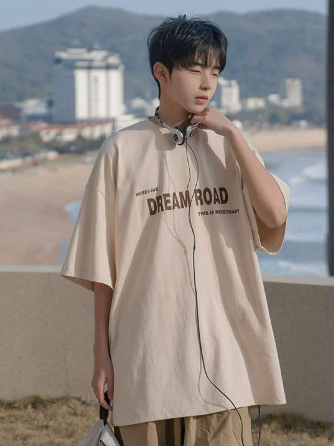 

HERE&NOW Men Typography Printed Round Neck Cotton Oversized T-shirt, Khaki