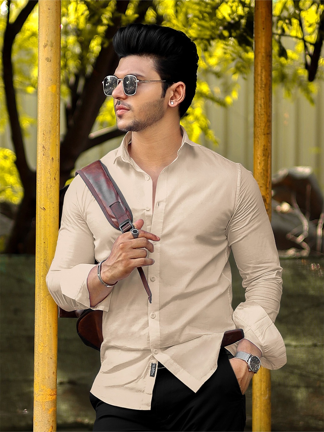 

Beyoung Men Spread Collar Solid Cotton Casual Shirt, Beige