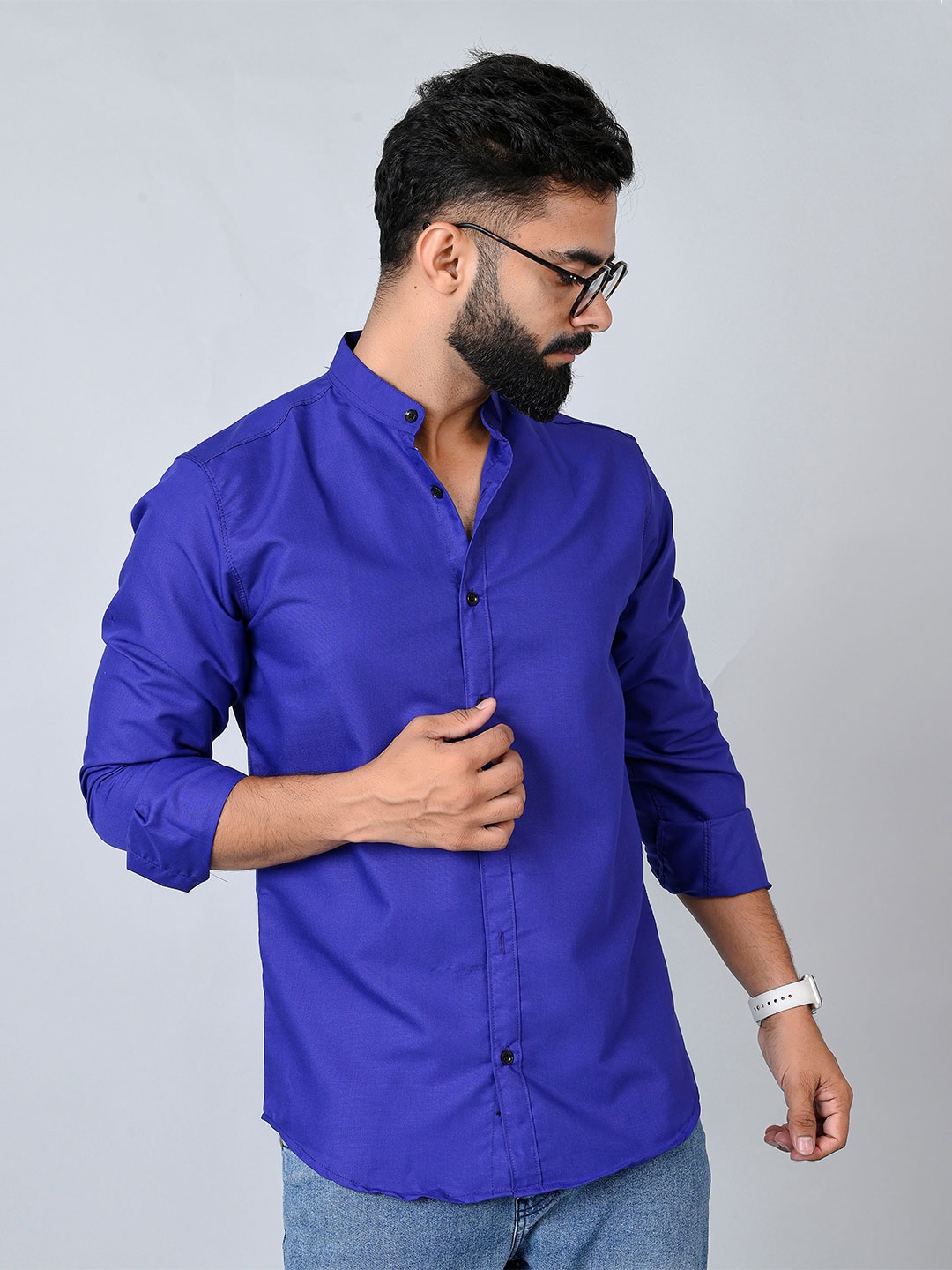 

Tanip Men Mandarin Collar Solid Cotton Casual Shirt, Blue