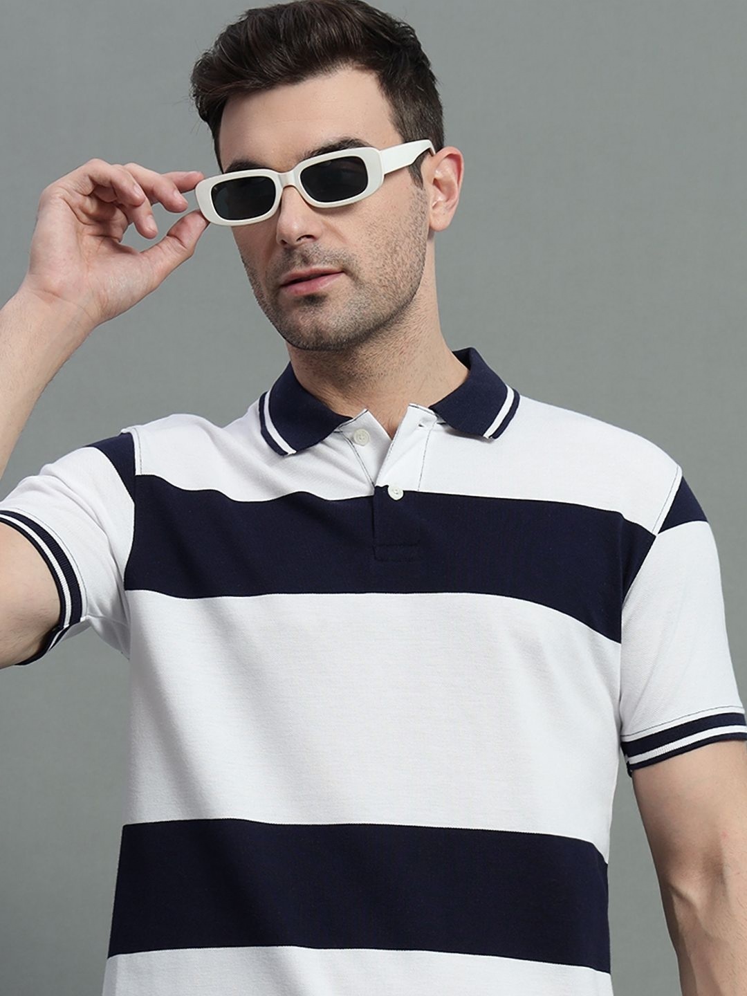 

GET GOLF Men Striped Polo Collar Cotton T-shirt, White
