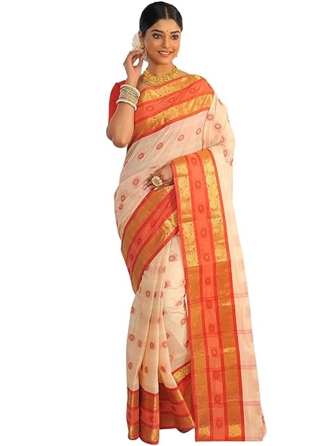 

RAJ SAREE HOUSE Pure Cotton Woven Design Zari Taant Saree, Off white