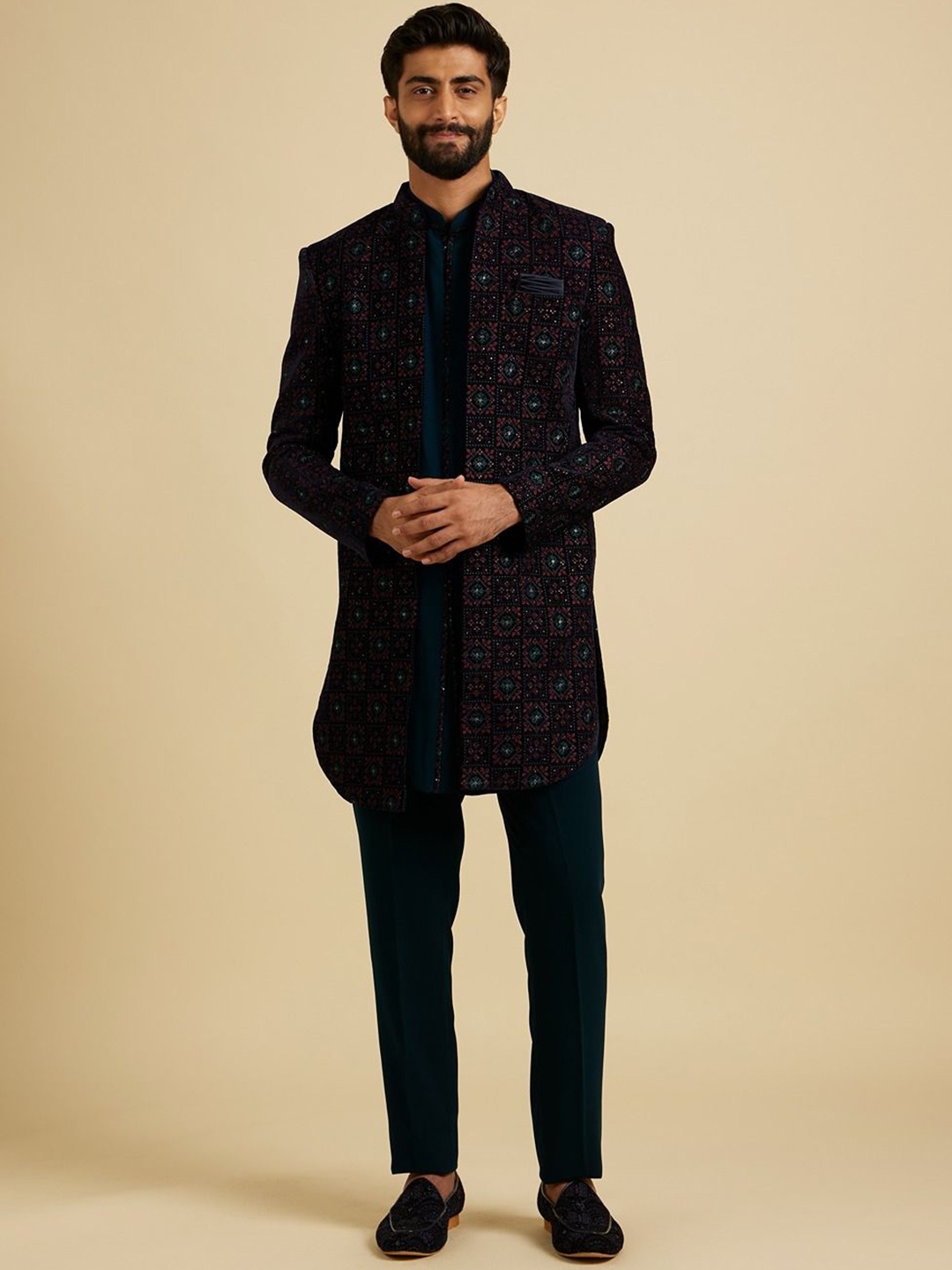 

Manyavar Embroidered Sequin work Mandarin Collar Sherwani Set, Blue