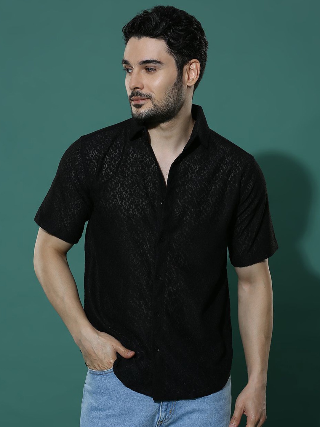 

HERE&NOW Men Spread Collar Textured Casual Shirt, Black