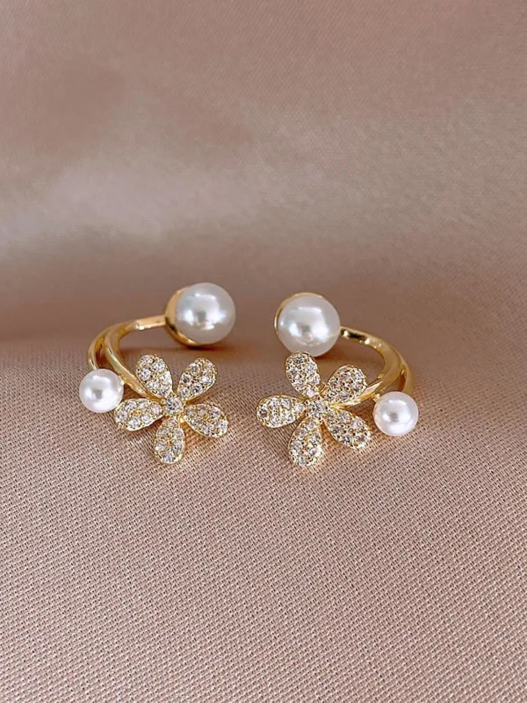 

PolluxCraft Gold Plated Stone Studded and Beaded Floral Studs
