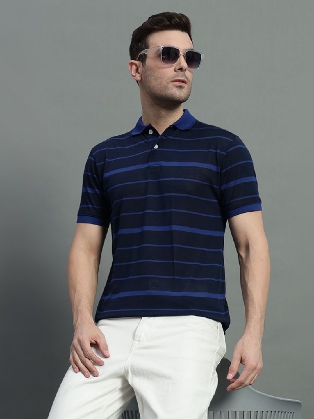 

GET GOLF Men Striped Polo Collar Cotton T-shirt, Navy blue
