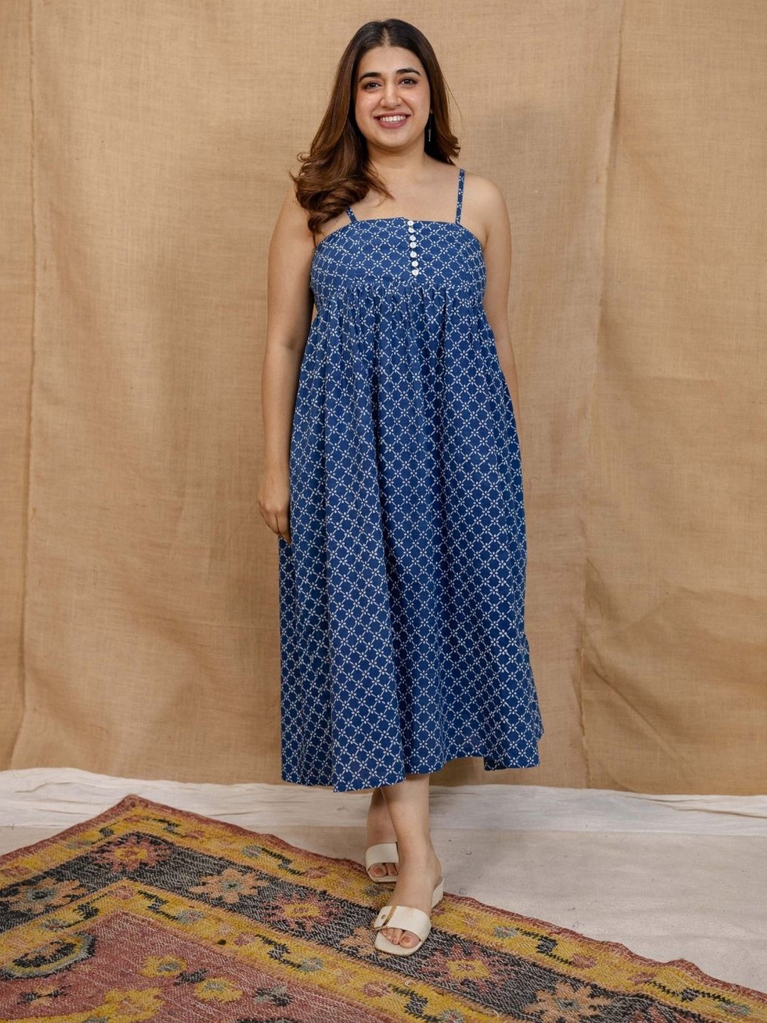 

THE INDIAN ETHNIC CO Women Printed A-Line Midi Dress, Blue