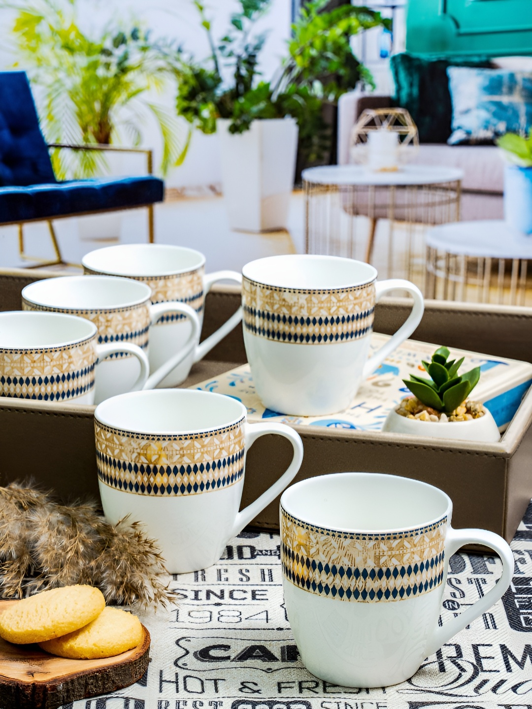 

SONAKI White & Blue 6 Pieces Printed Mugs 180ml