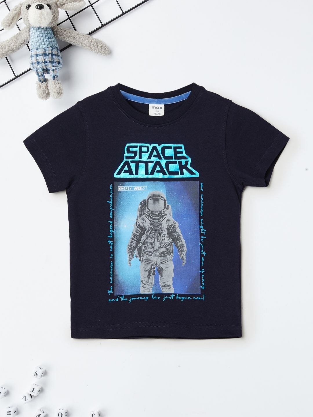 

max Boys Graphic Printed Round Neck Cotton T-shirt, Navy blue