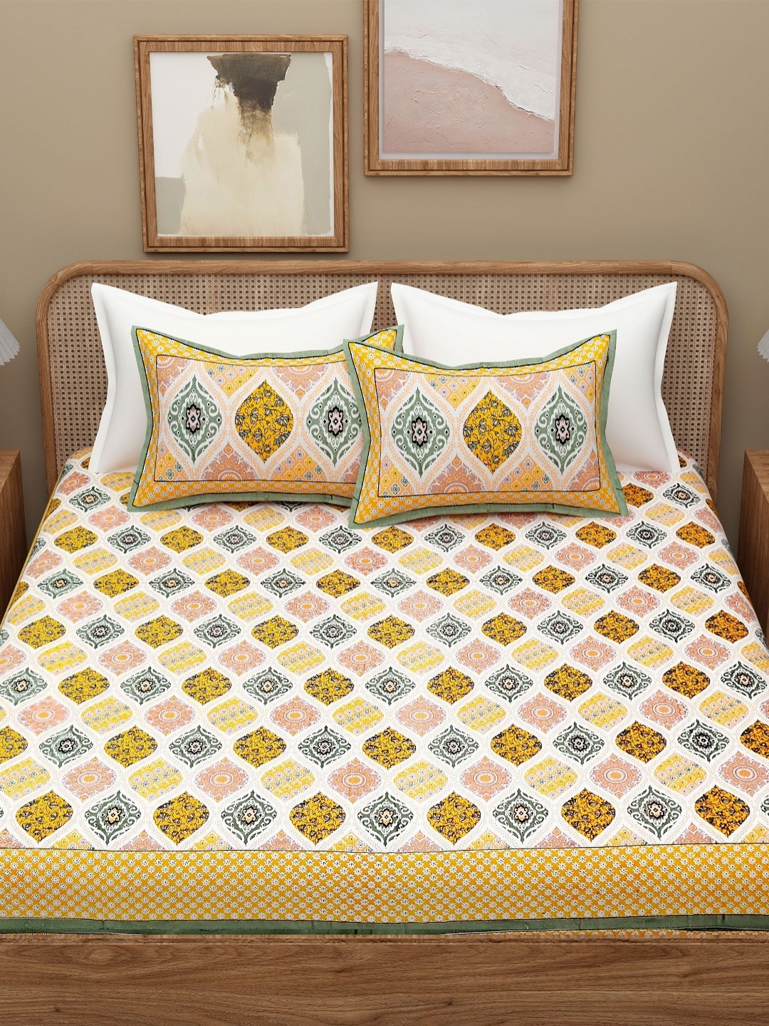 

Adwitiya Yellow Ethnic Motifs 200 TC Pure Cotton Double King Bedsheet Set 2.74 m x 2.74 m