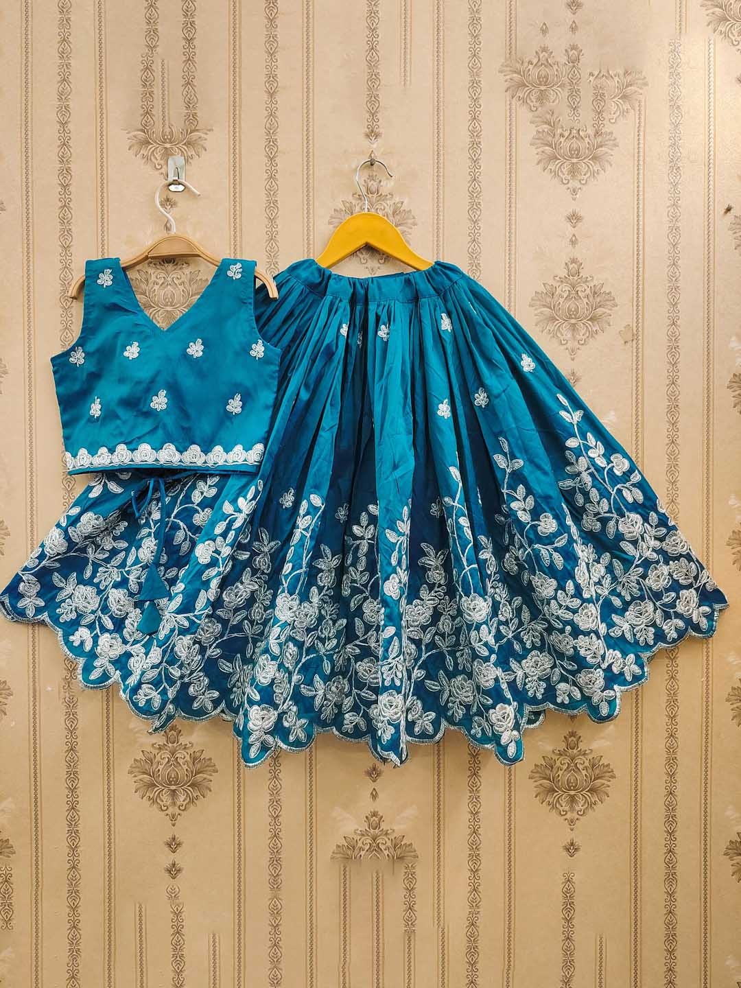 

JOVK DESIGN Girls Embroidered Beads and Stones Silk Ready to Wear Lehenga & Blouse, Blue