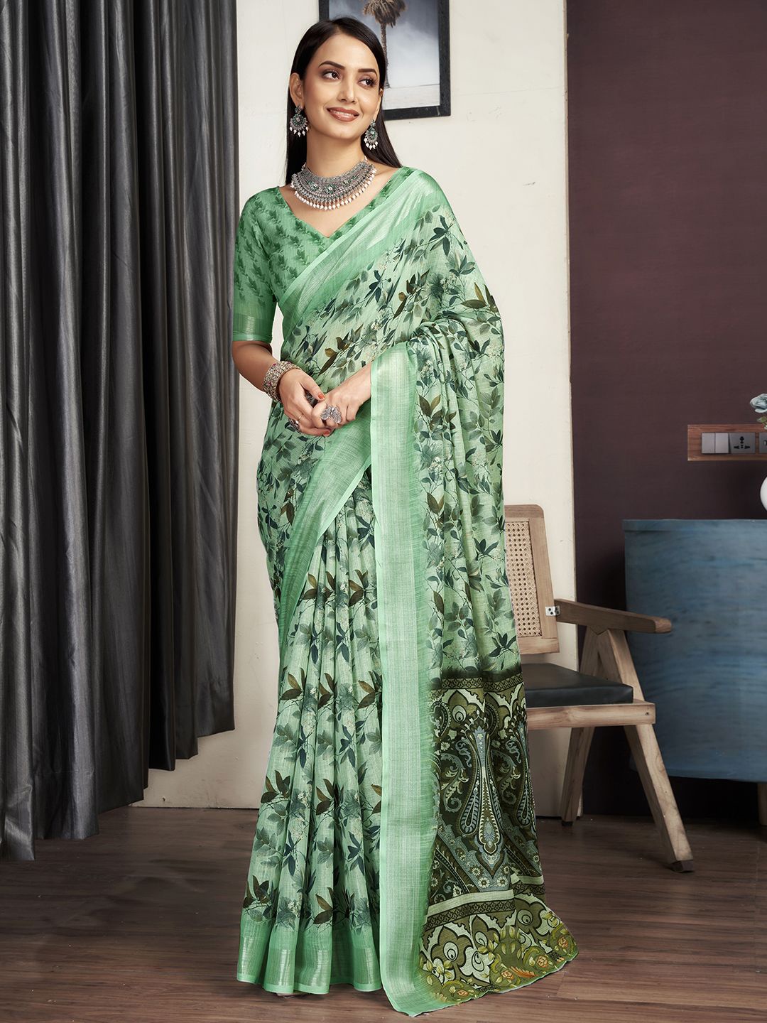 

KALINI Printed Zari Saree, Green