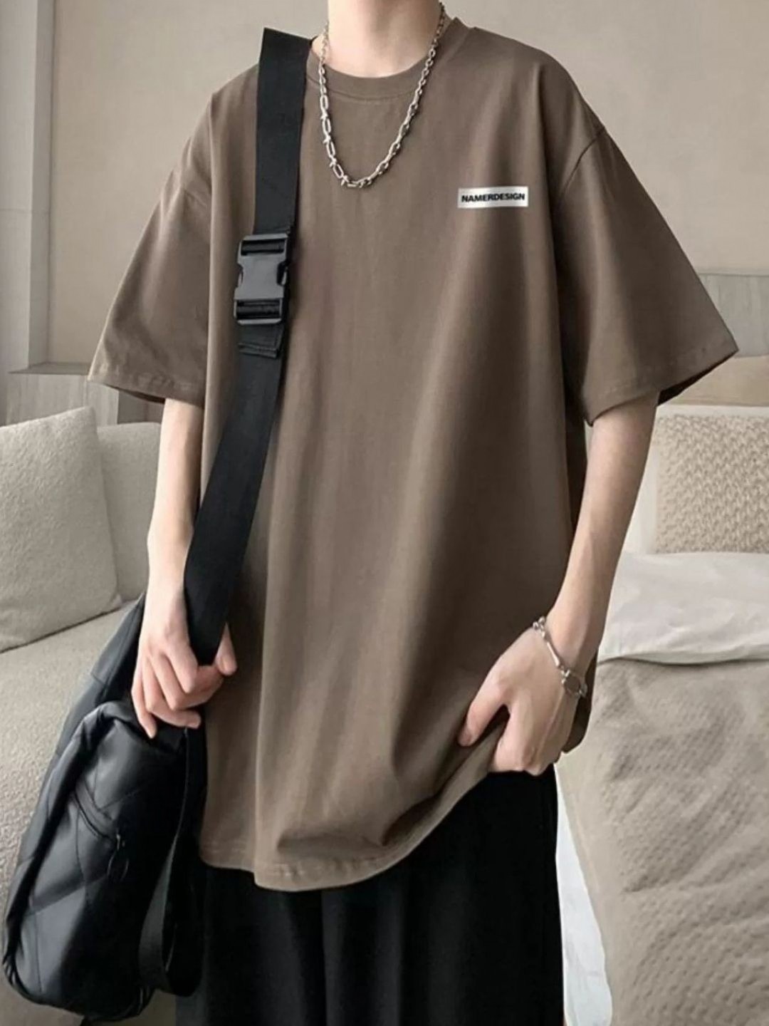 

HERE&NOW Men Typography Printed Round Neck Oversized T-shirt, Brown