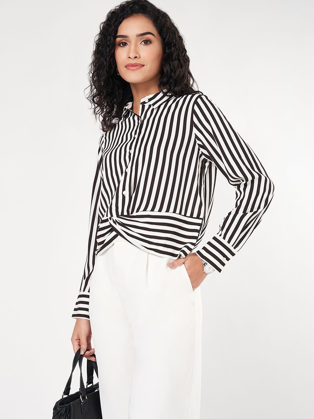 

Annabelle by Pantaloons Women Vertical Stripes Striped Shirt Style Top, Black