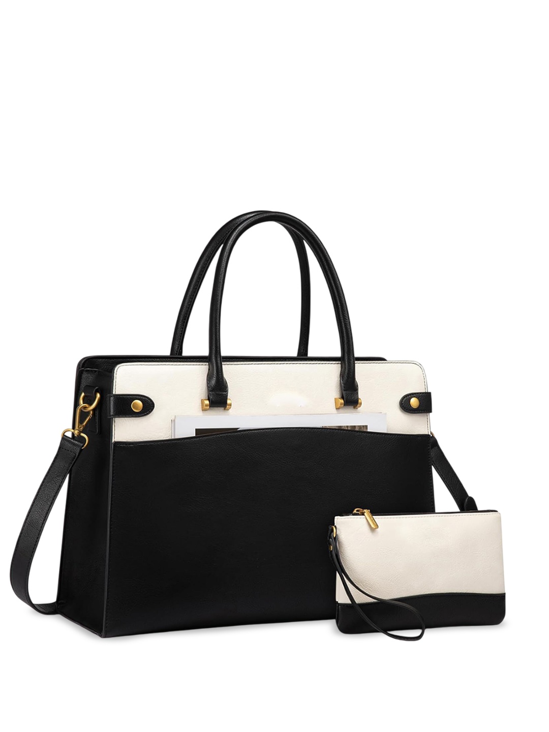 

LA ELLORE Women Colourblocked Structured Leather Shoulder Bag, Black