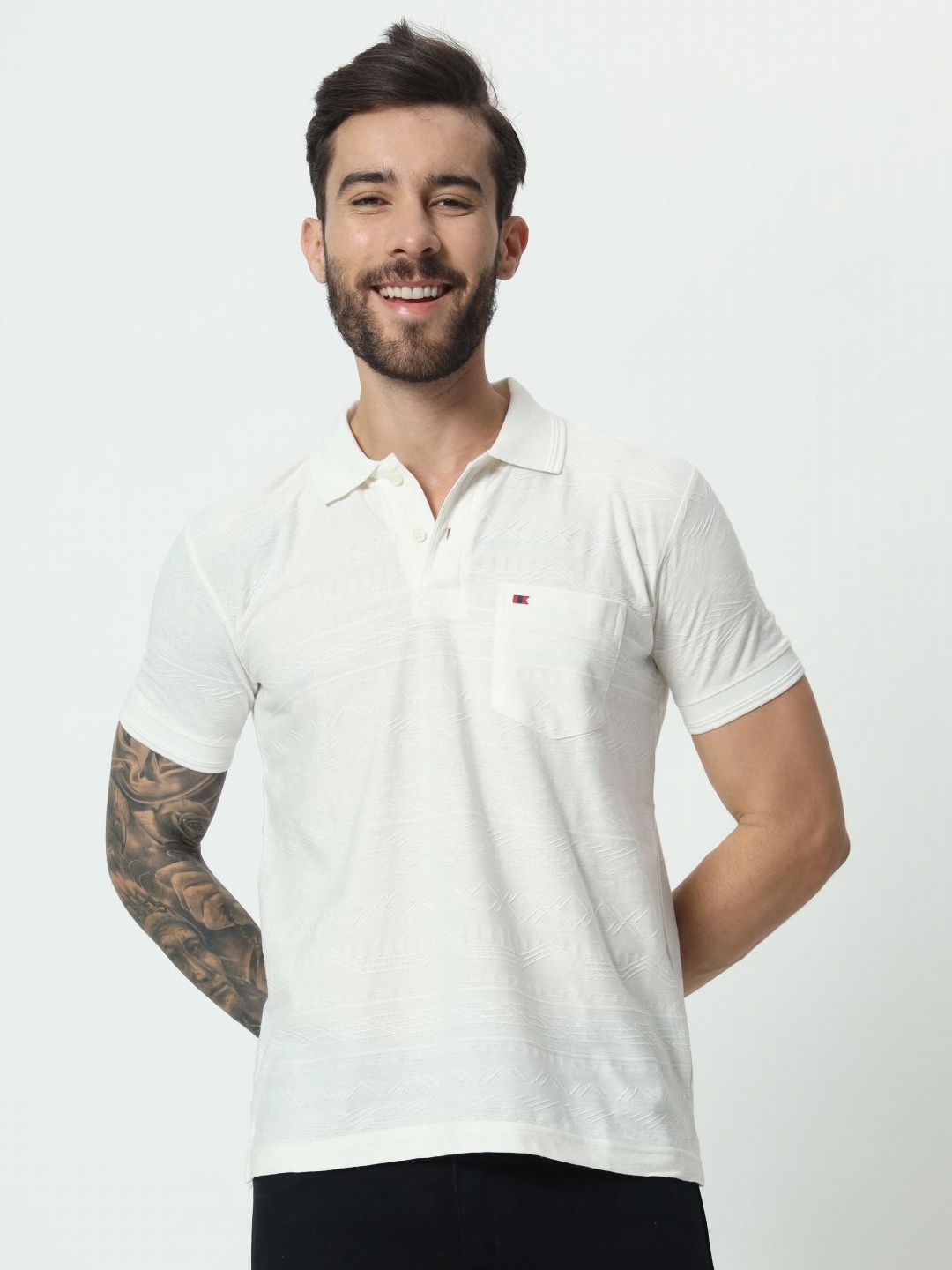 

TAB91 Men Self Design Polo Collar Cotton T-shirt, White