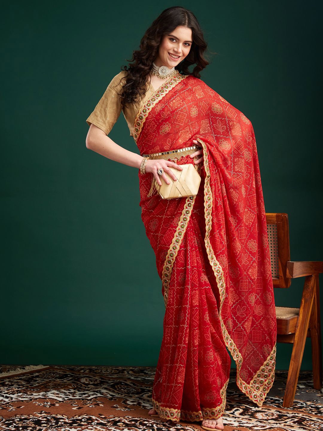 

MAHALASA Women Embroidered Beads and Stones Pure Georgette Bandhani Saree, Red