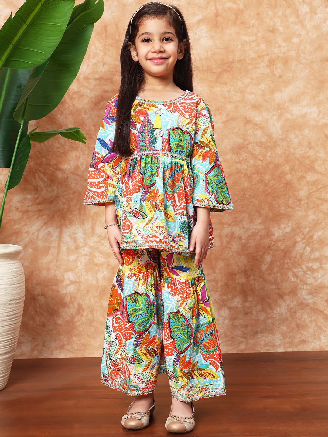 

Readiprint Girls Floral Printed Empire Pure Cotton A-Line Kurti with Sharara, Green