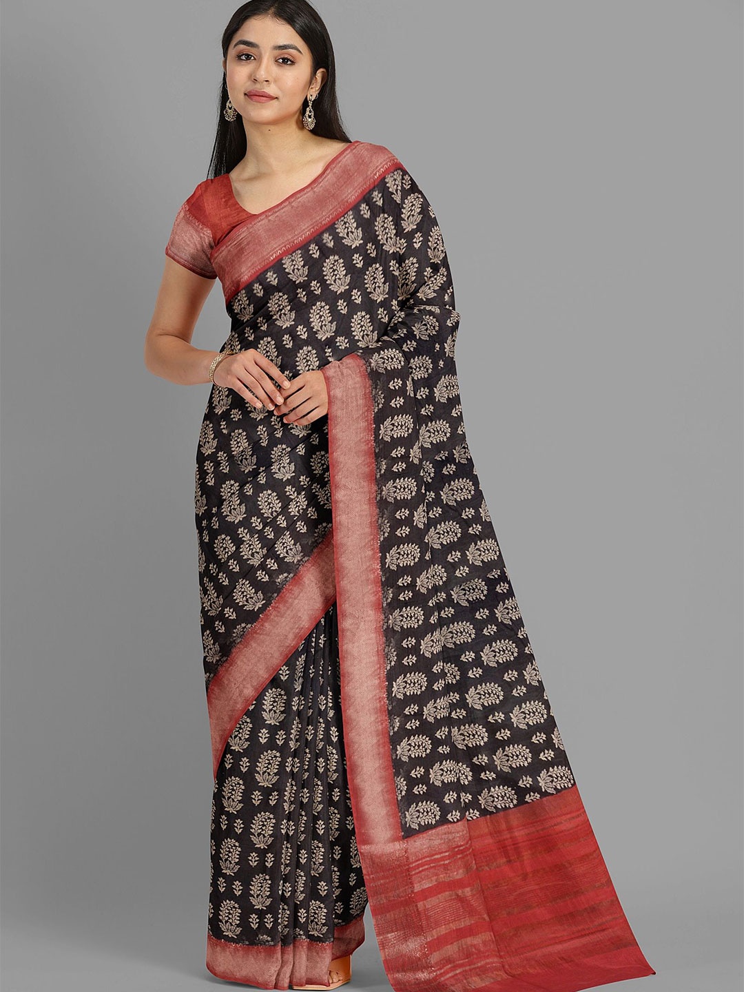 

The Chennai Silks Ethnic Motifs Printed Zari Saree, Brown