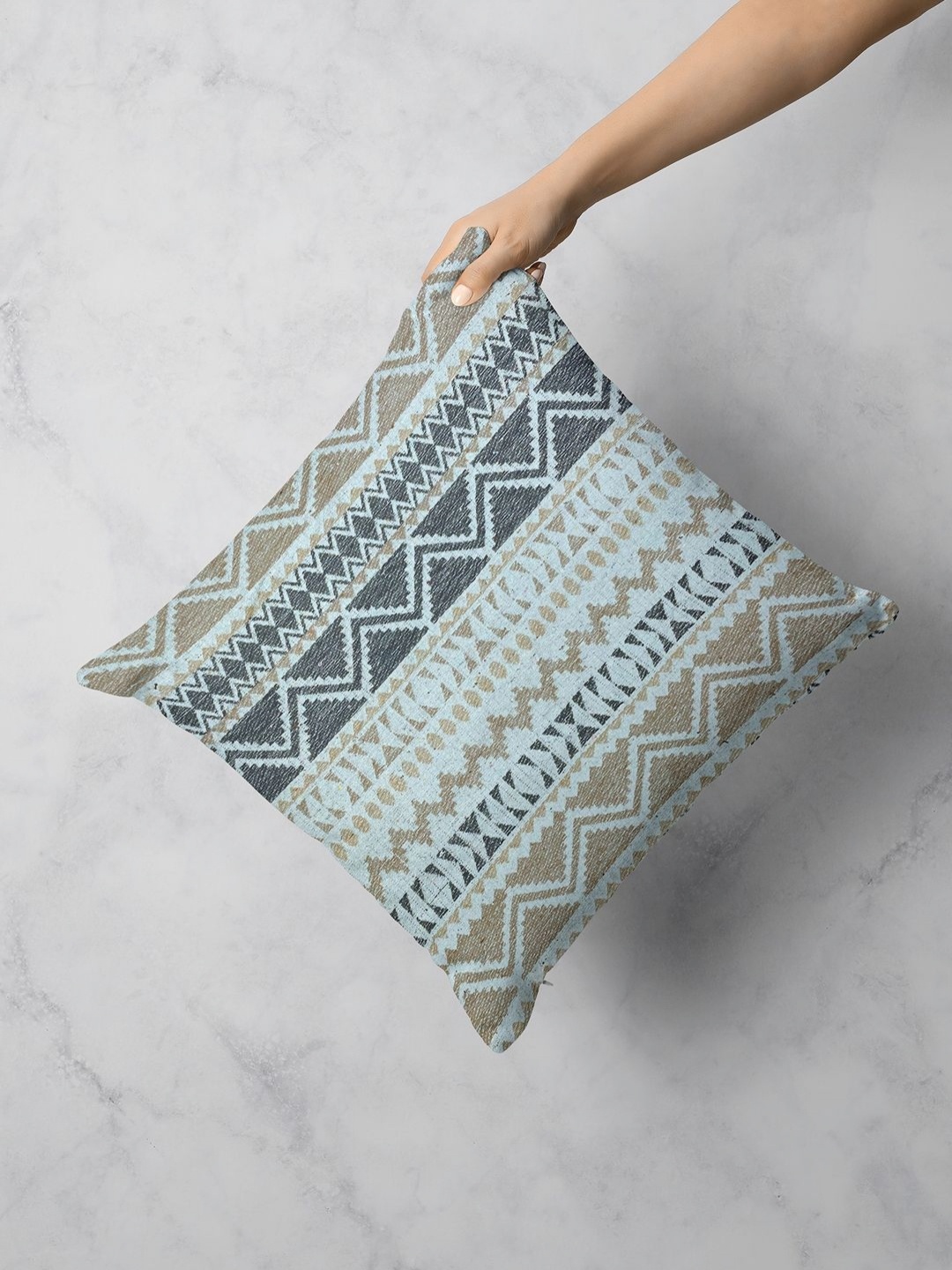 

BIANCA Brown & Blue Geometric Printed Jute Cotton Square Cushion Cover