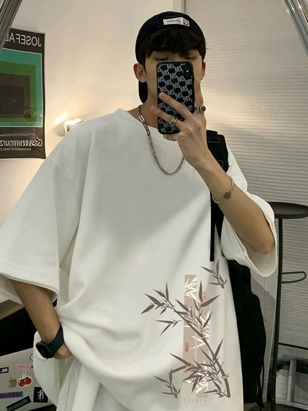 

HERE&NOW Men Floral Printed Round Neck Cotton Oversized T-shirt, White