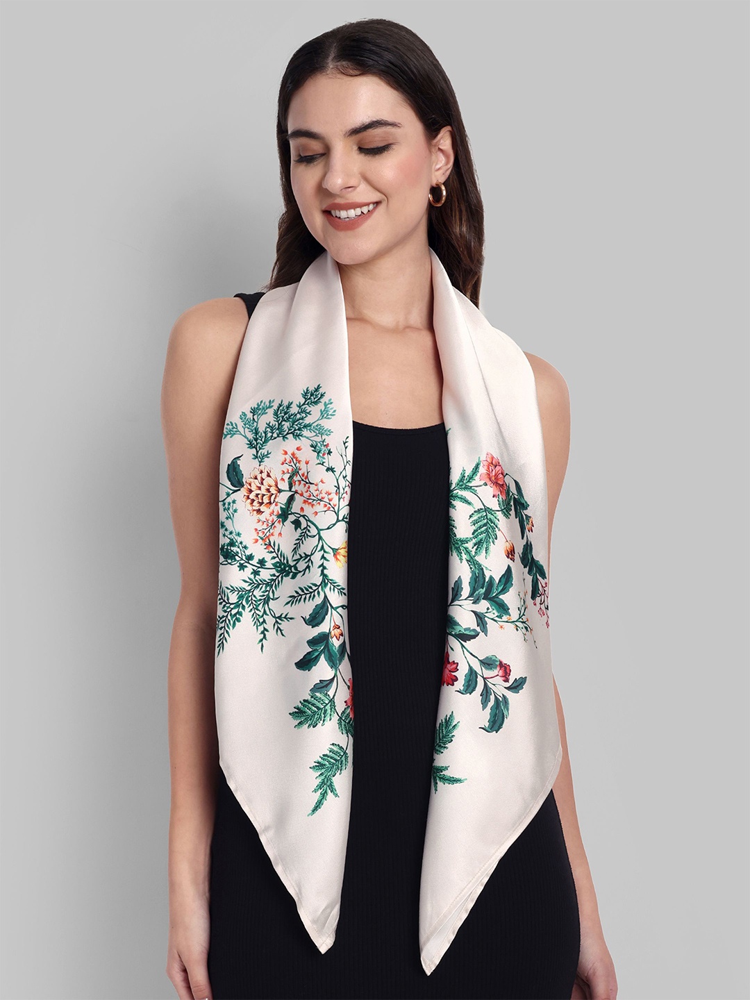 

Sarisp Women Satin Printed Scarf, Cream