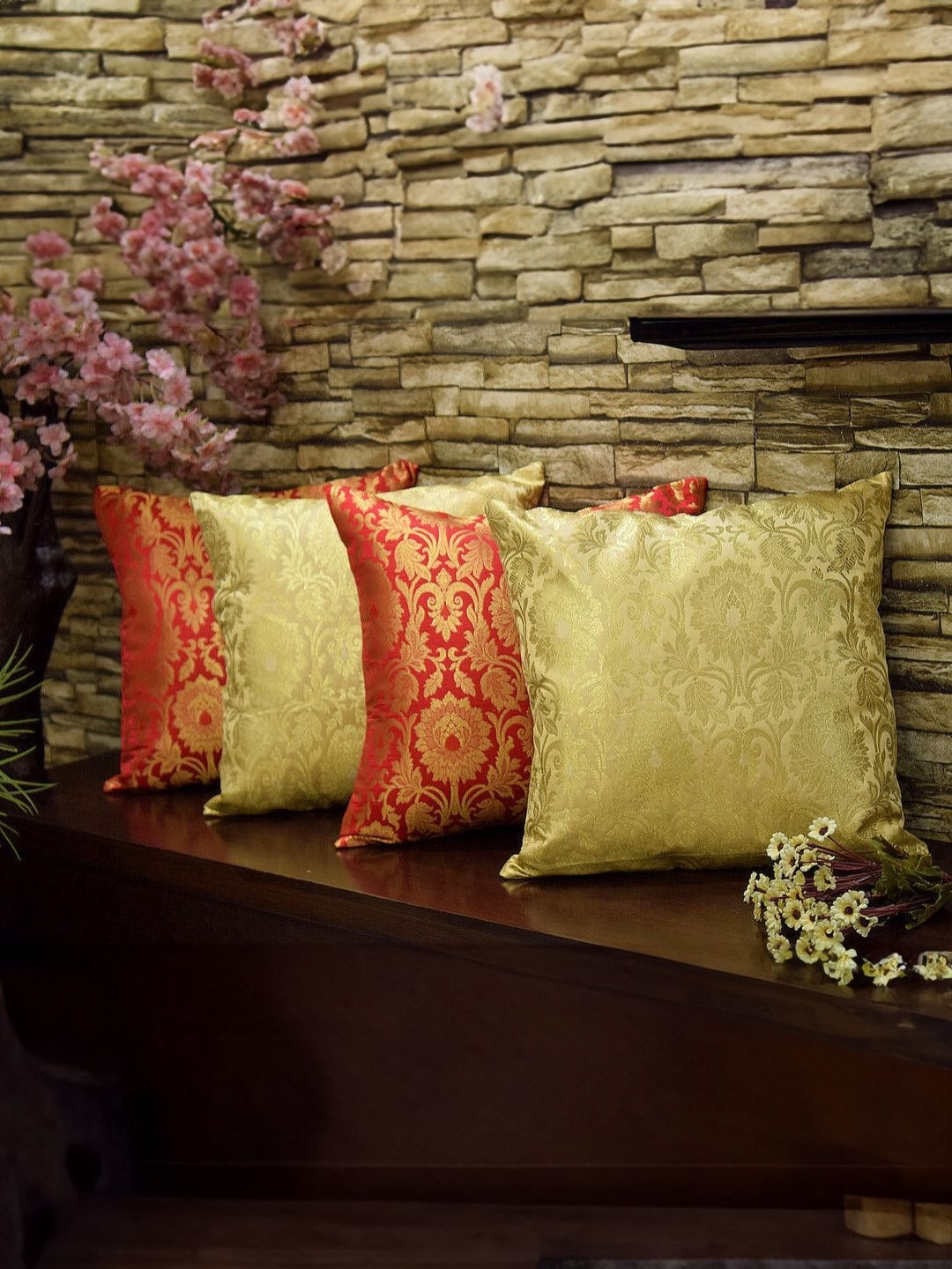 

RoyalDeco Red & Gold-Toned 4 Pieces Embroidered Brocade Silk Square Cushion Covers