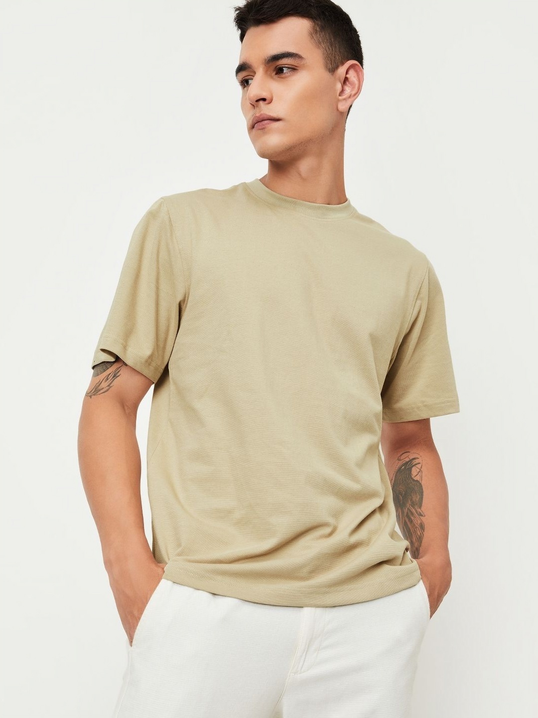 

max Men Solid Round Neck Cotton T-shirt, Beige