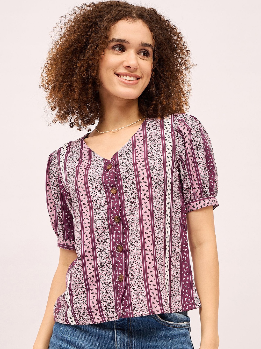 

Mayra Printed Puff Sleeve Cotton Top, Maroon