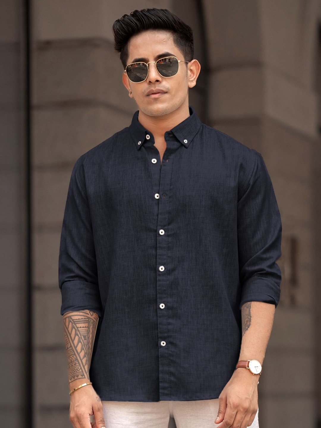 

Powerlook Men Button-Down Collar Solid Casual Shirt, Navy blue