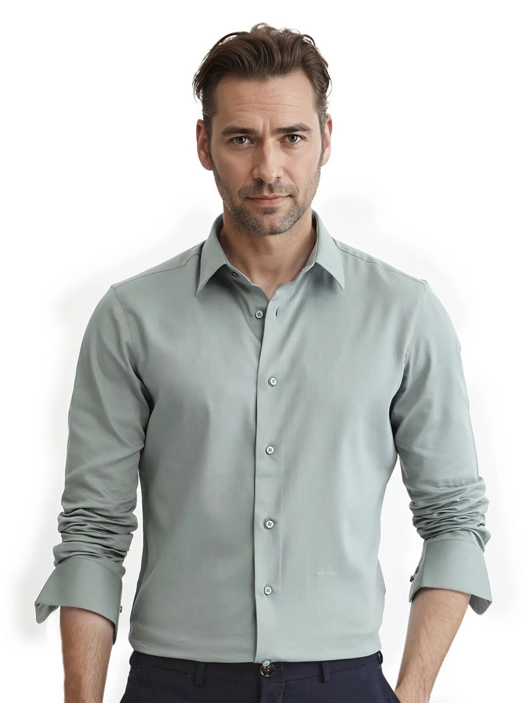 

RARE RABBIT Men Comfort Spread Collar Solid Cotton Casual Shirt, Green