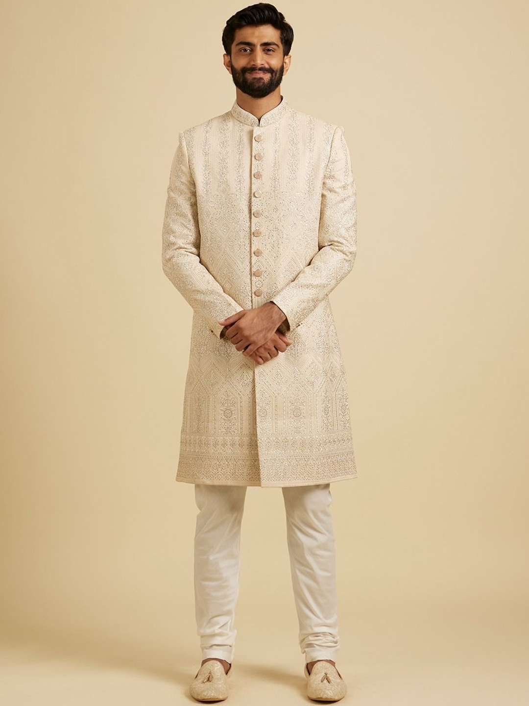 

Manyavar Men Georgette Embroidered Stone Work Sherwani, Beige