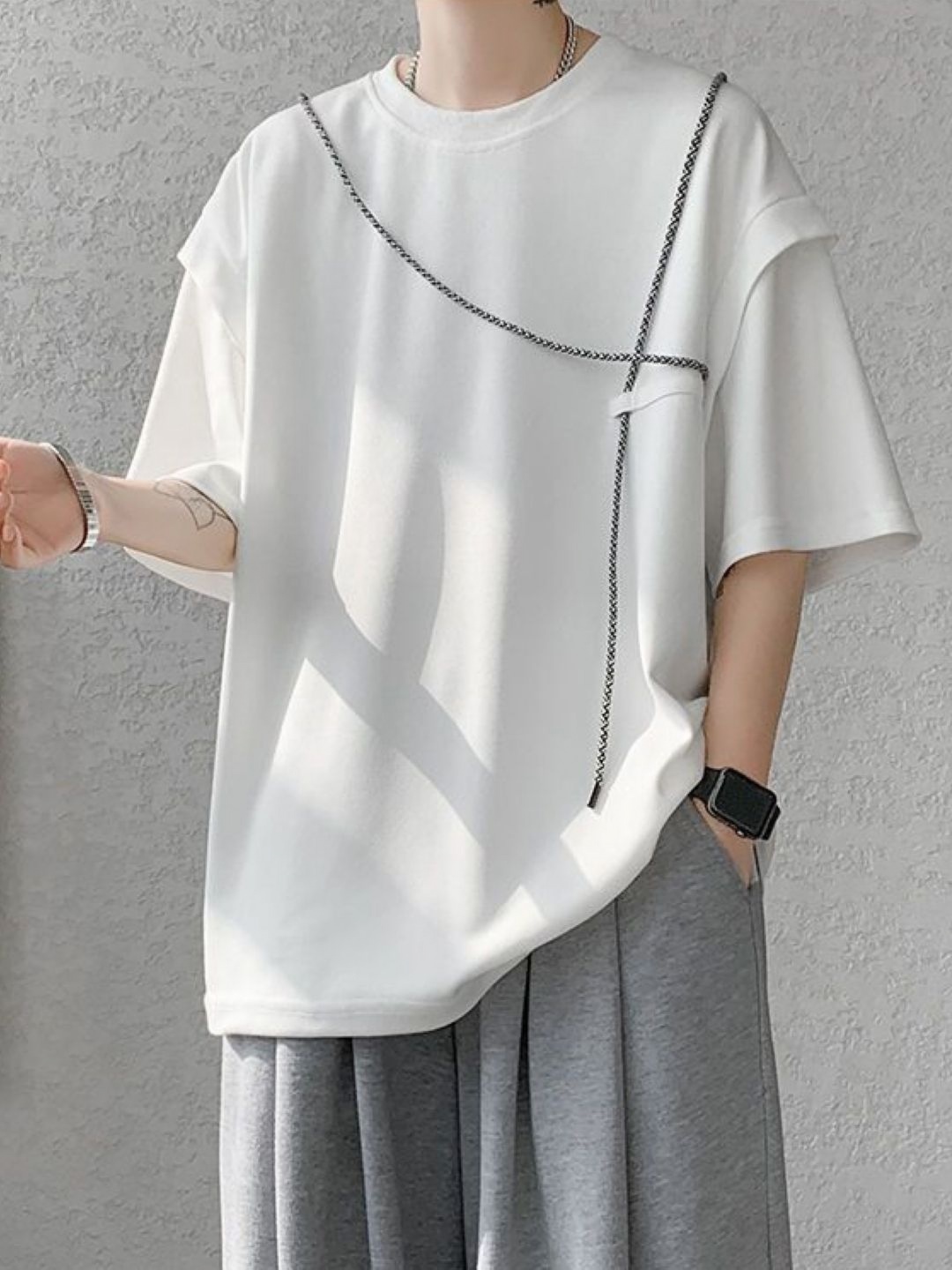 

HERE&NOW Men Solid Round Neck Cotton Oversized T-shirt, White
