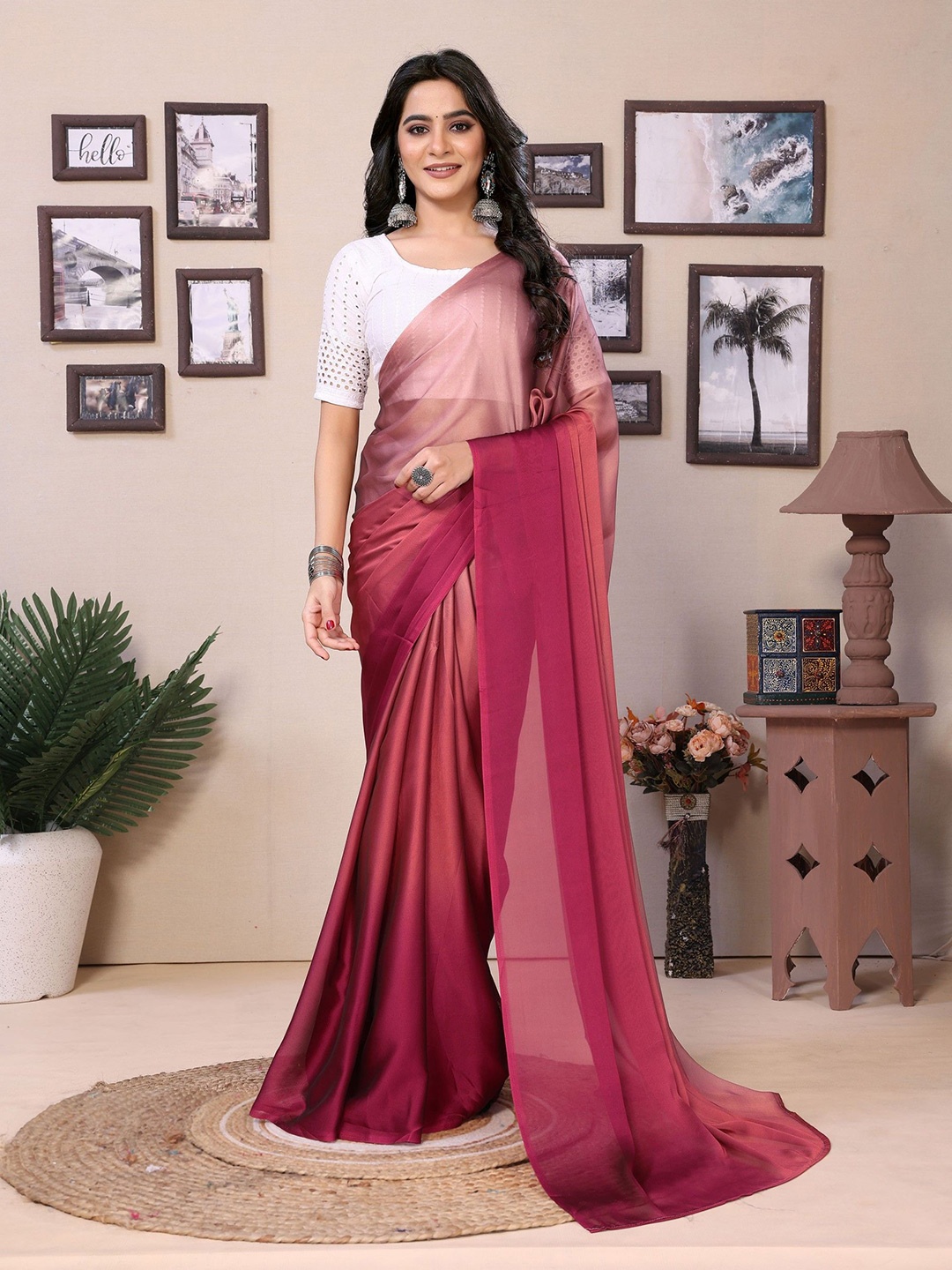 

LeeliPeeri Designer Ombre Satin Ready to Wear Saree, Pink
