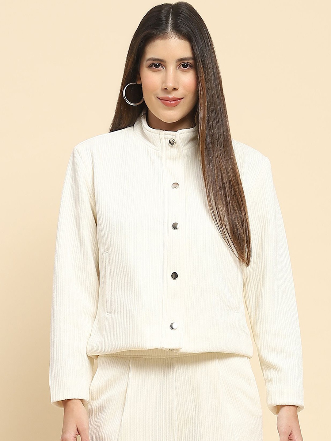 

Global Republic Women Stand Collar Self Design Casual Tailored Jacket, Off white