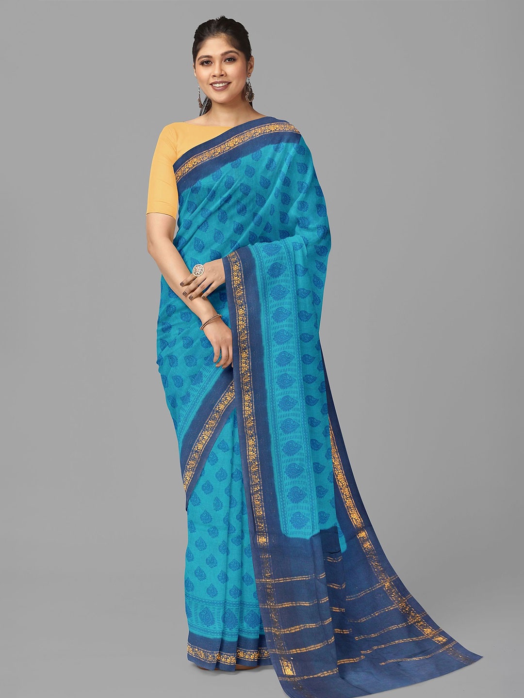 

The Chennai Silks Ethnic Motif Printed Zari Pure Cotton Sungudi Saree, Blue