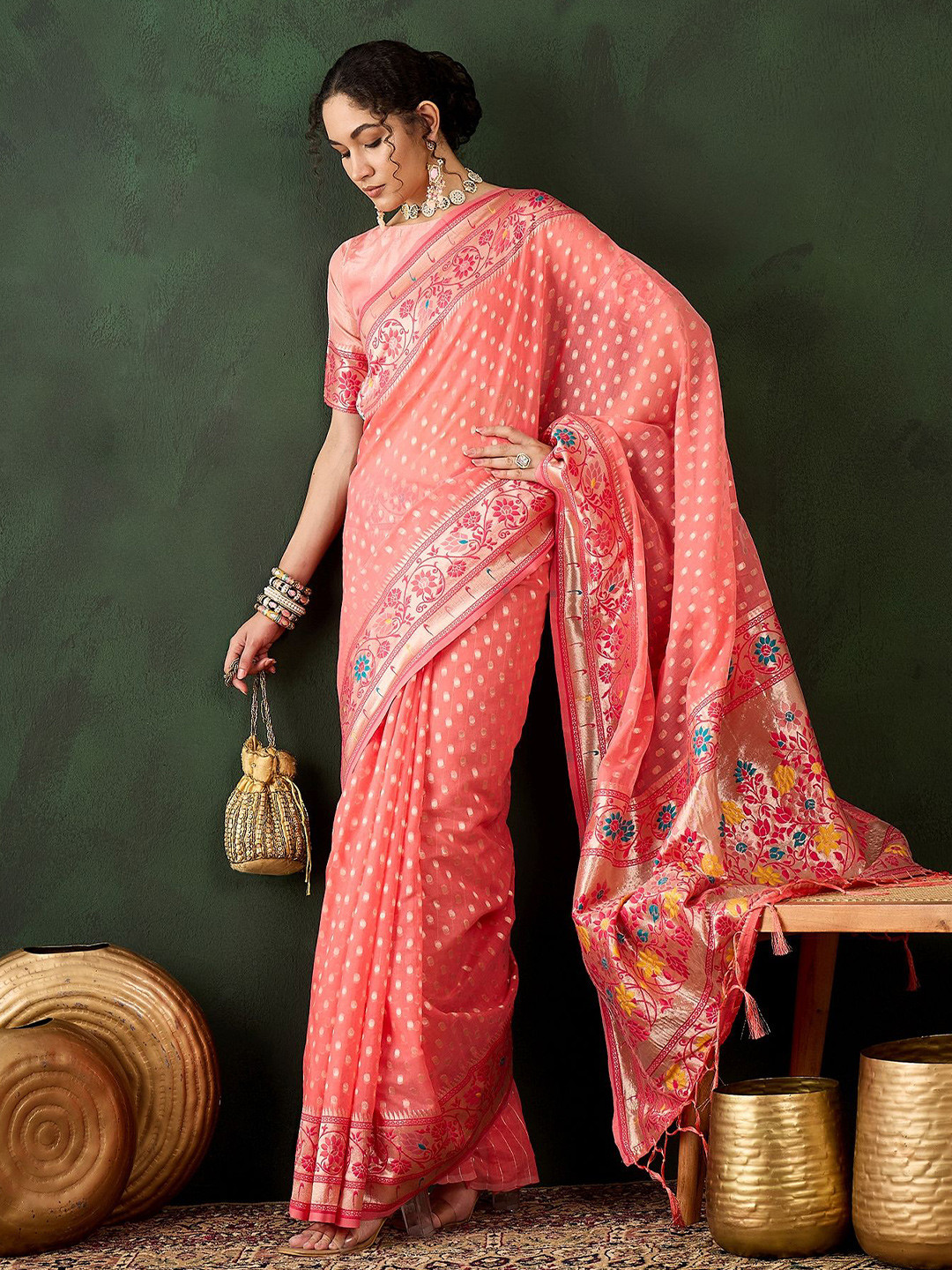 

Mitera Woven Design Zari Saree, Peach