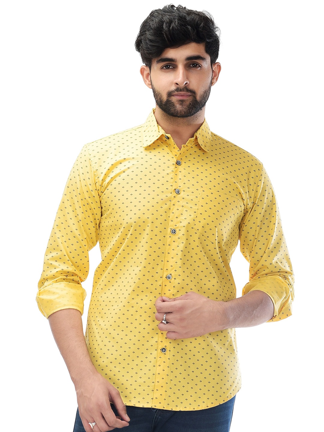 

Tanip Men Spread Collar Micro Ditsy Printed Cotton Casual Shirt, Yellow