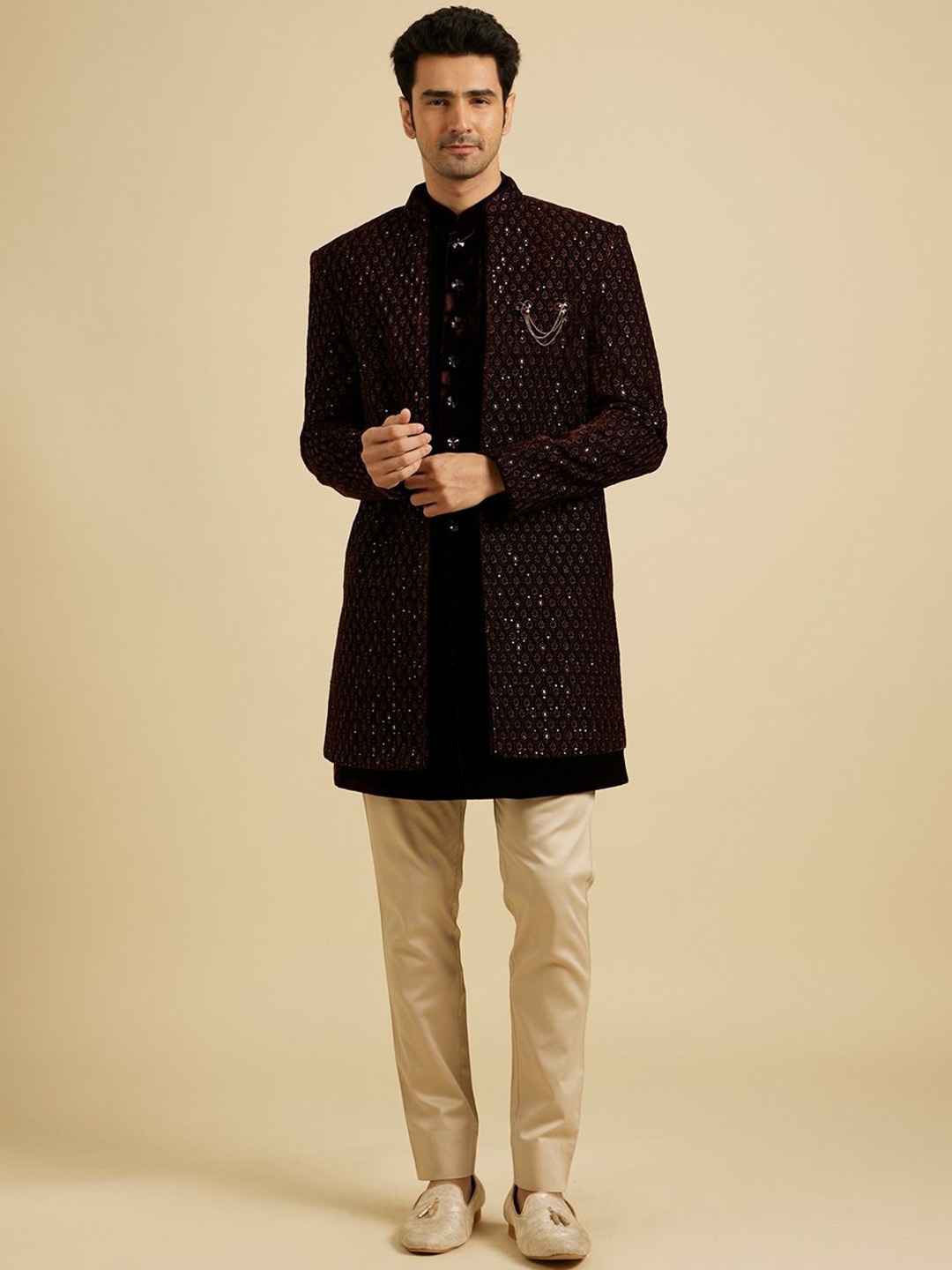 

Manyavar Men Sequin Work Thread Embroidered Sherwani Set, Brown