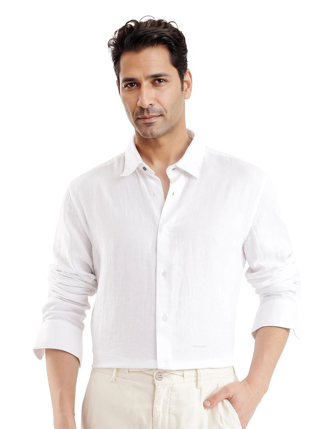 

RARE RABBIT Men Comfort Spread Collar Solid Cotton Casual Shirt, White