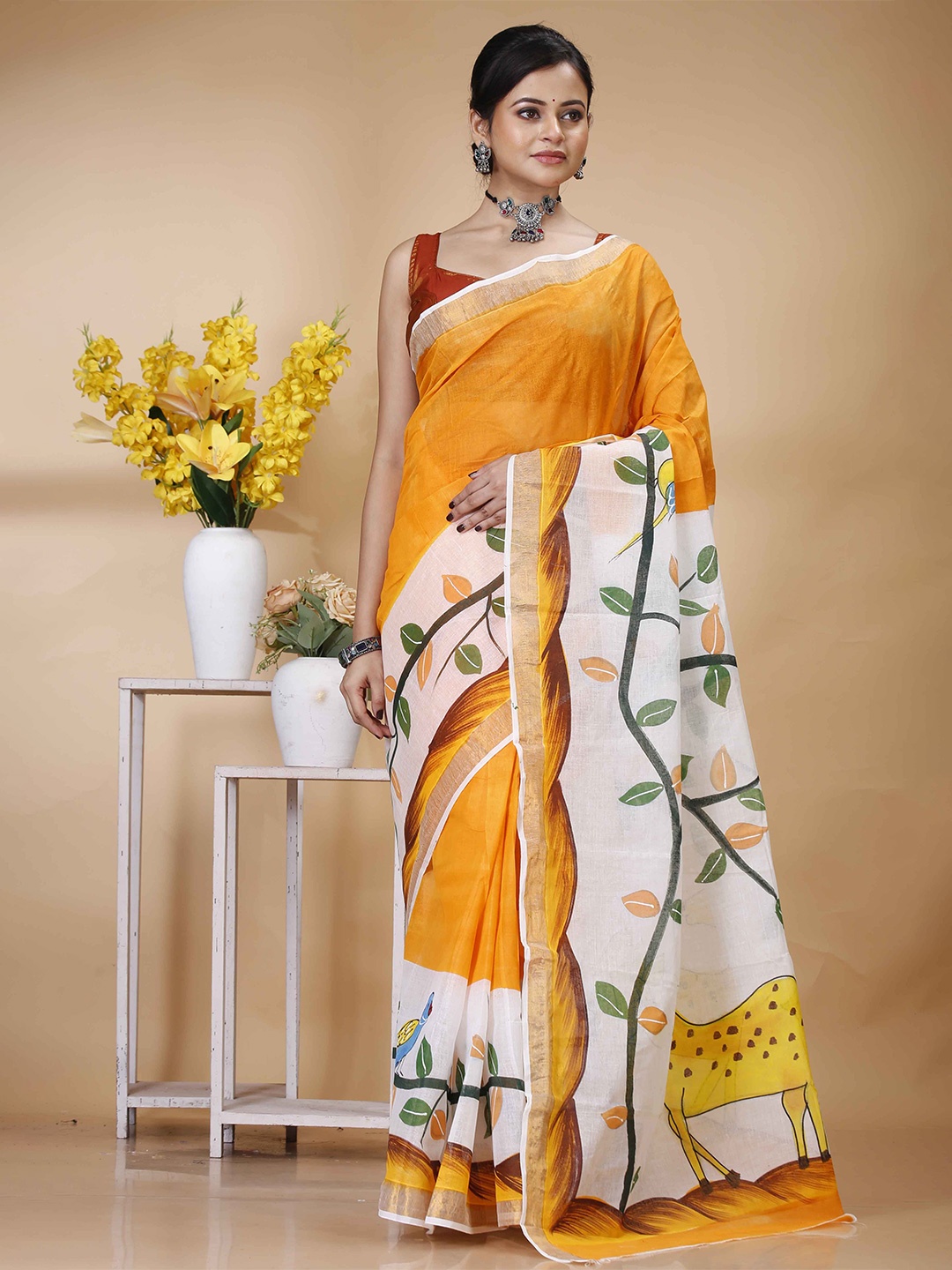 

Ruuprekha Floral Pure Cotton Handloom Khadi Saree, Orange