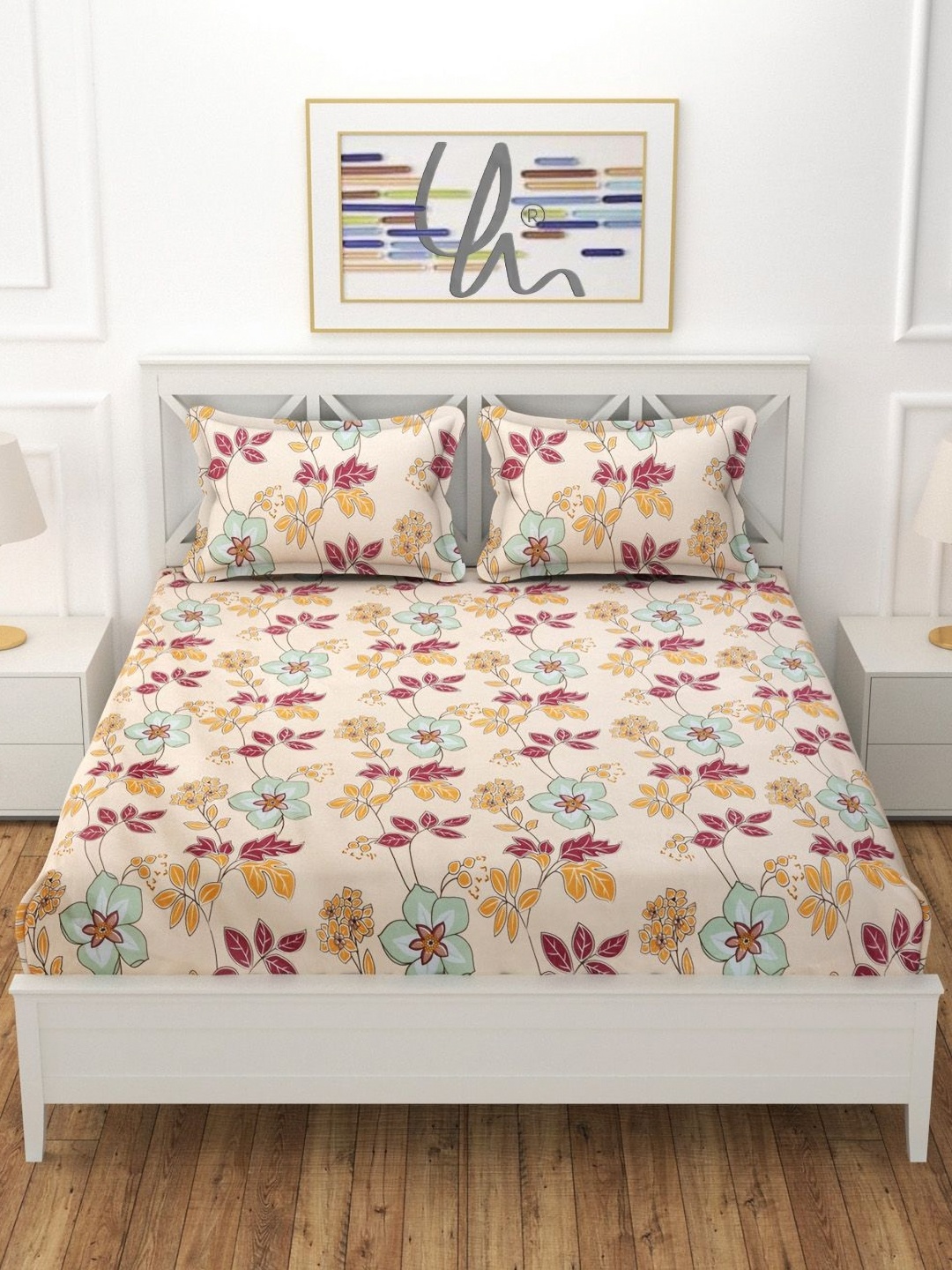 

YaAkholic Cream-Coloured & Yellow Floral 210 TC King Bedsheet with 2 Pillow Covers