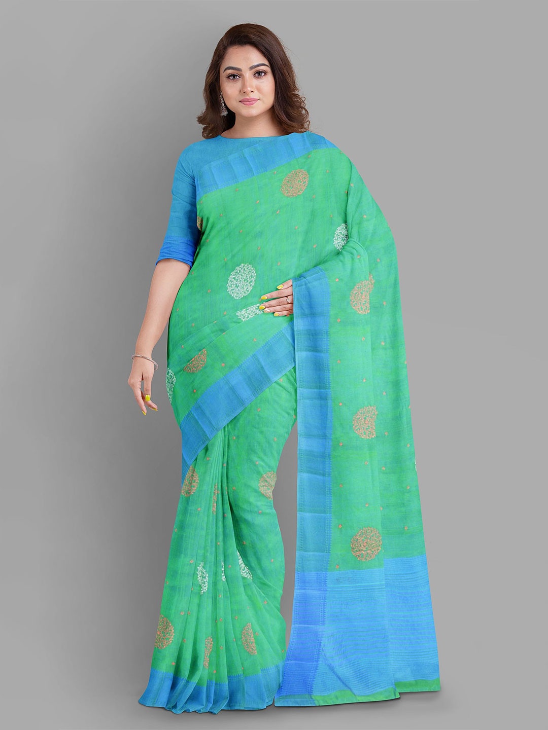 

The Chennai Silks Floral Jute Cotton Saree, Green