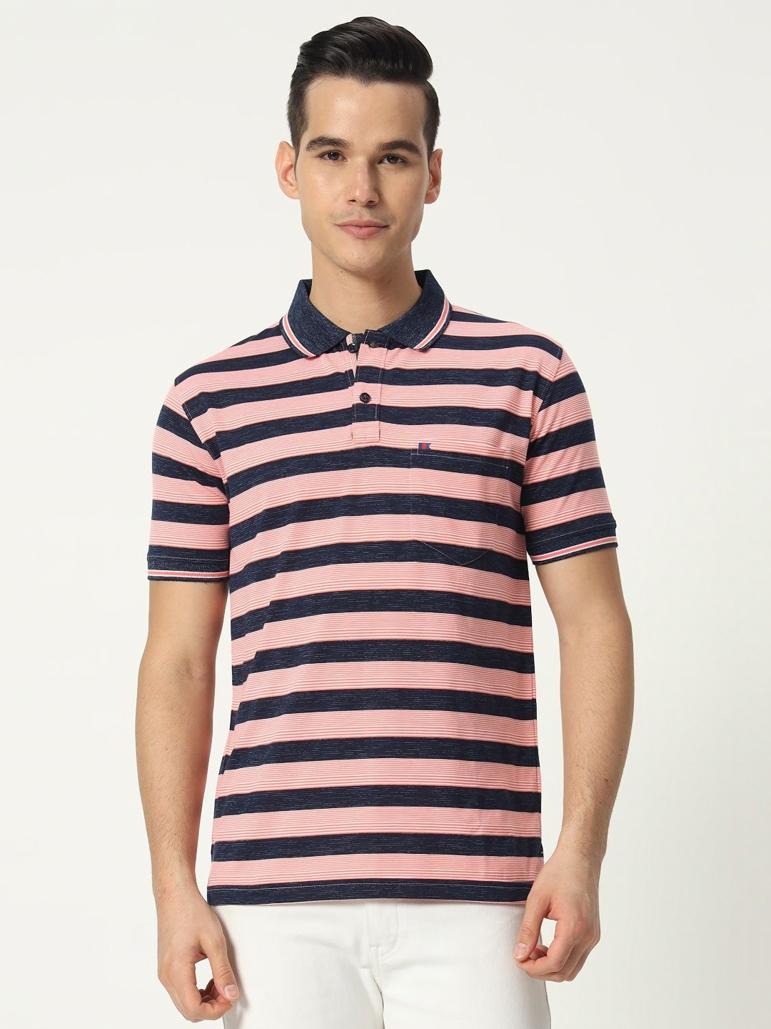 

TAB91 Men Striped Polo Collar Cotton T-shirt, Pink