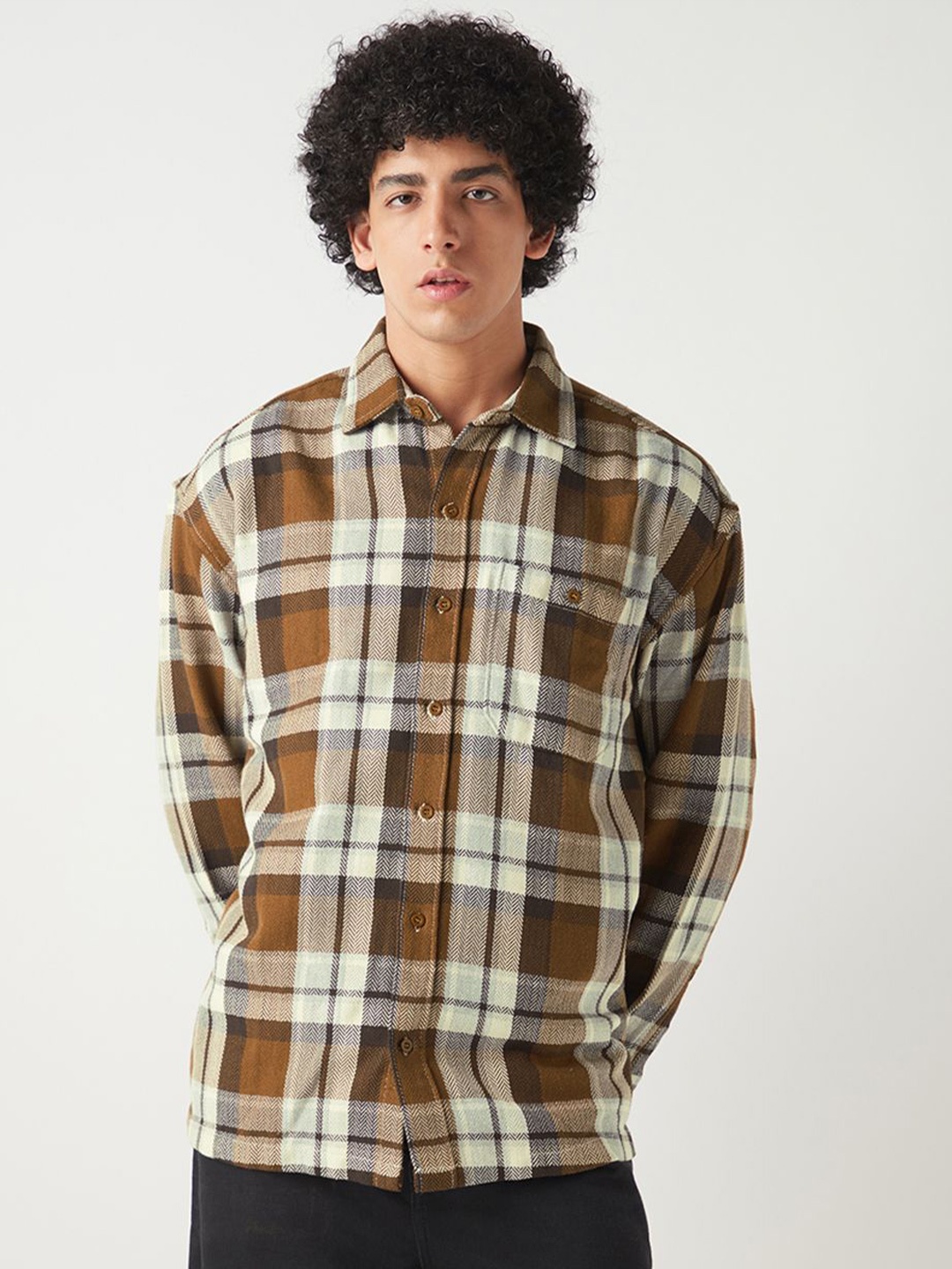 

Bewakoof Men Standard Spread Collar Checked Cotton Oversized Casual Shirt, Brown