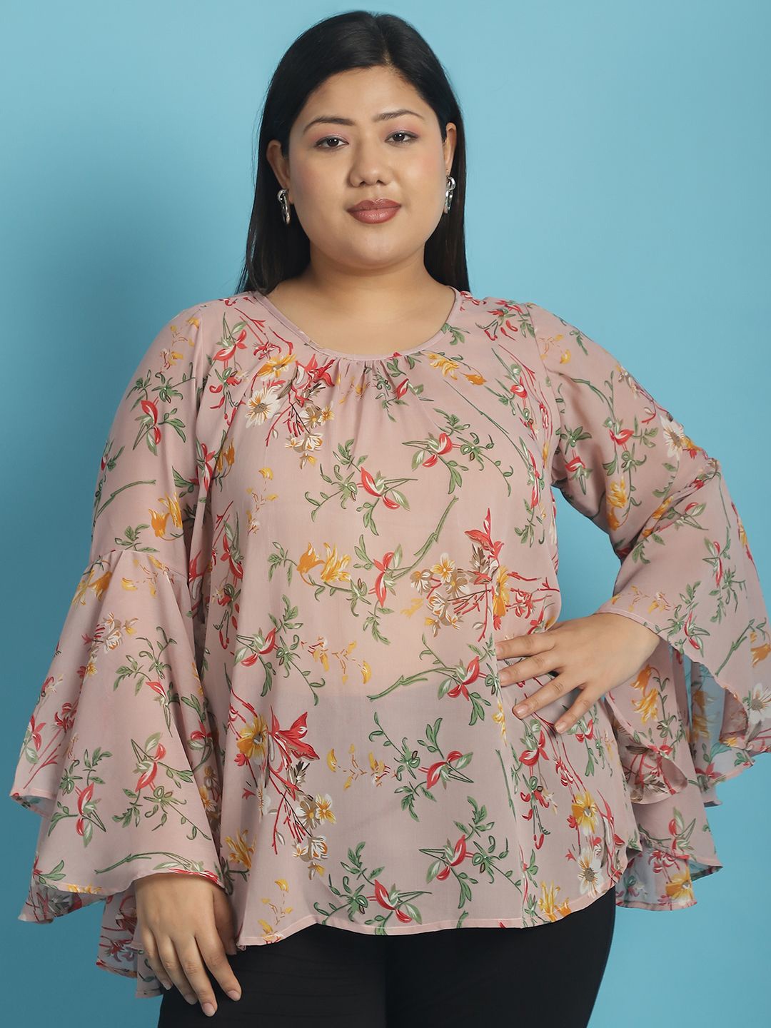 

theRebelinme Women Plus Size Floral Print Bell Sleeve Georgette Longline Top, Pink