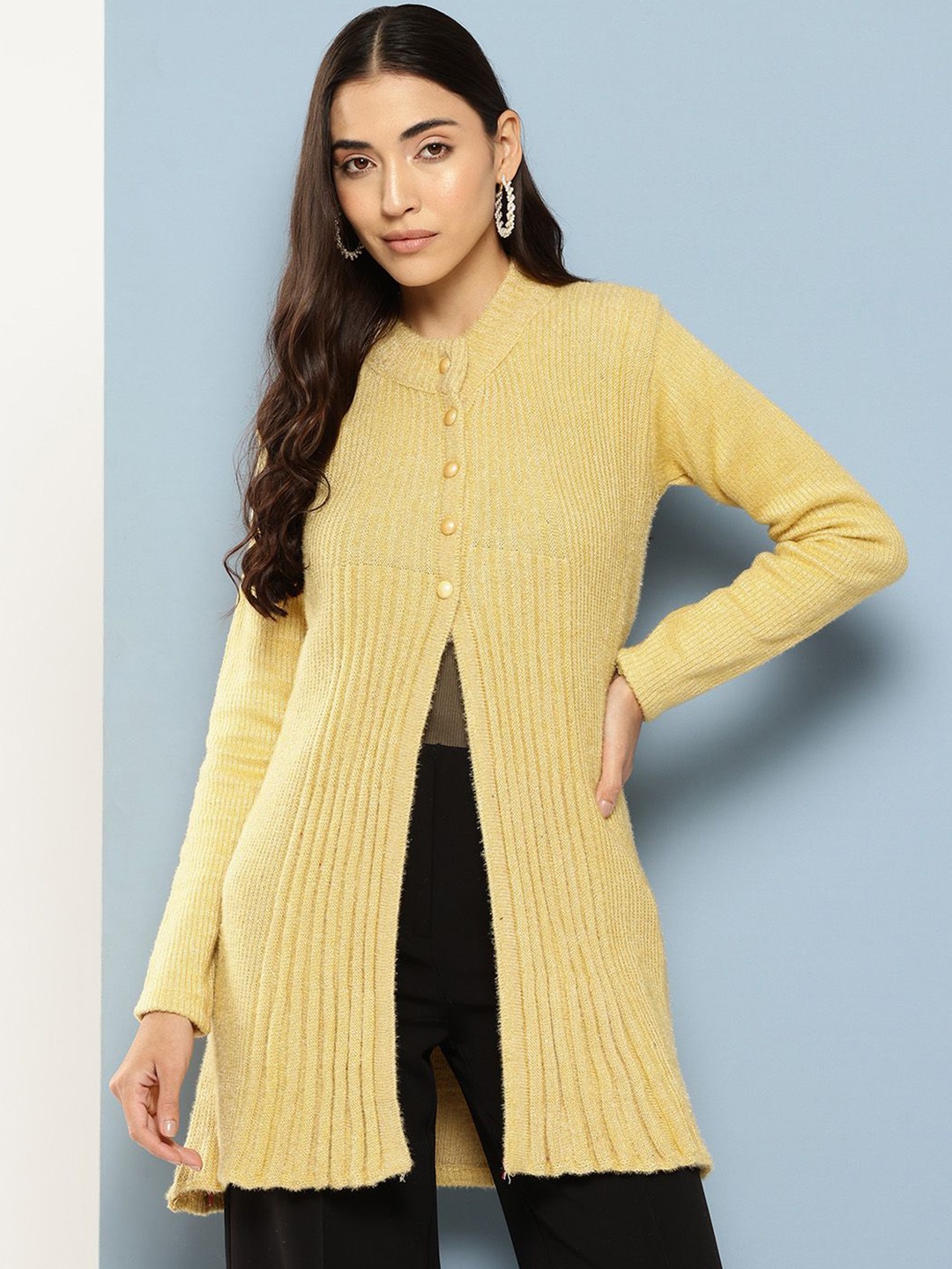 

BAESD Women Ribbed Longline Front-Open Sweater, Yellow
