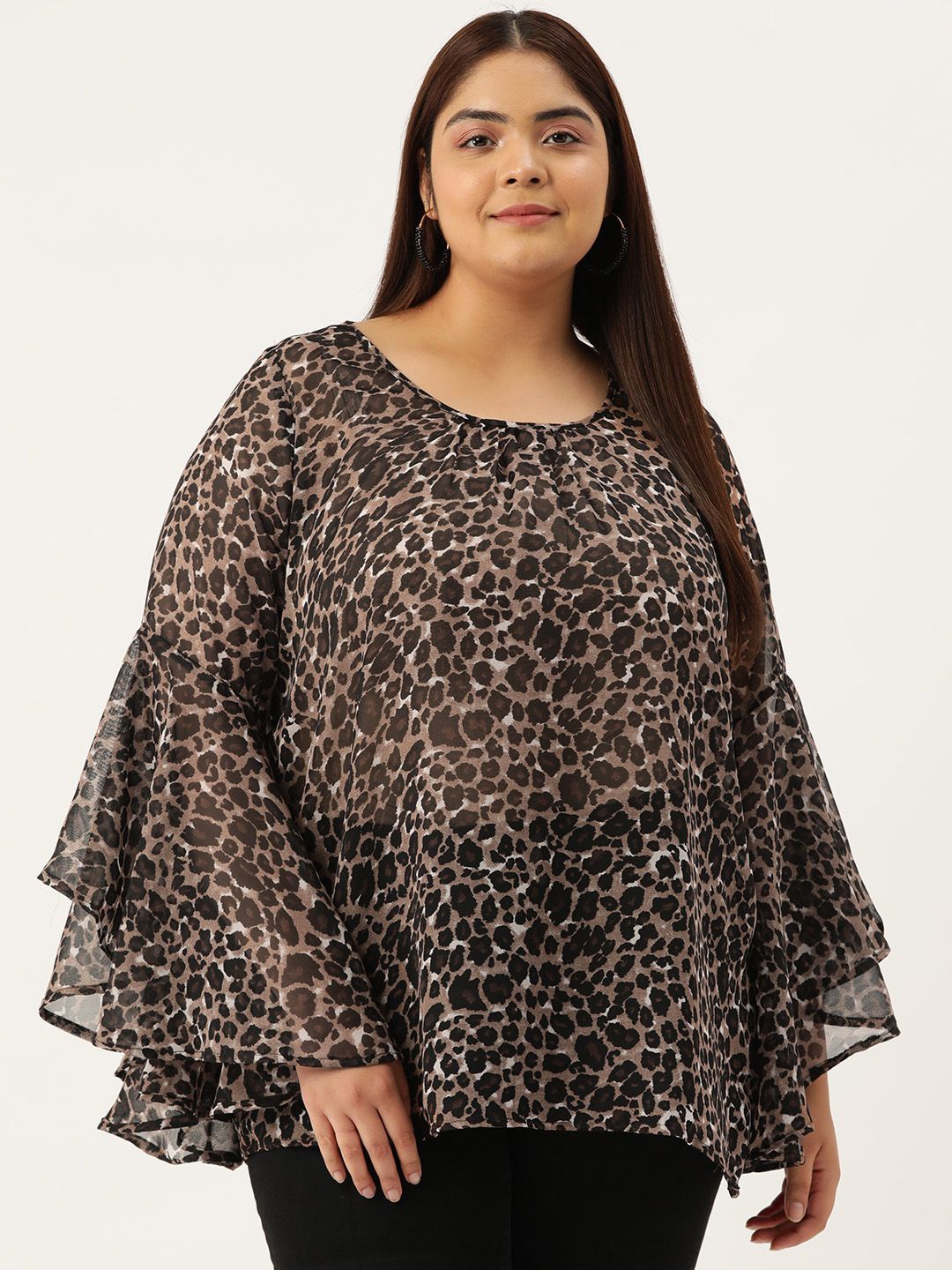 

theRebelinme Women Plus Size Animal Print Bell Sleeve Longline Top, Black