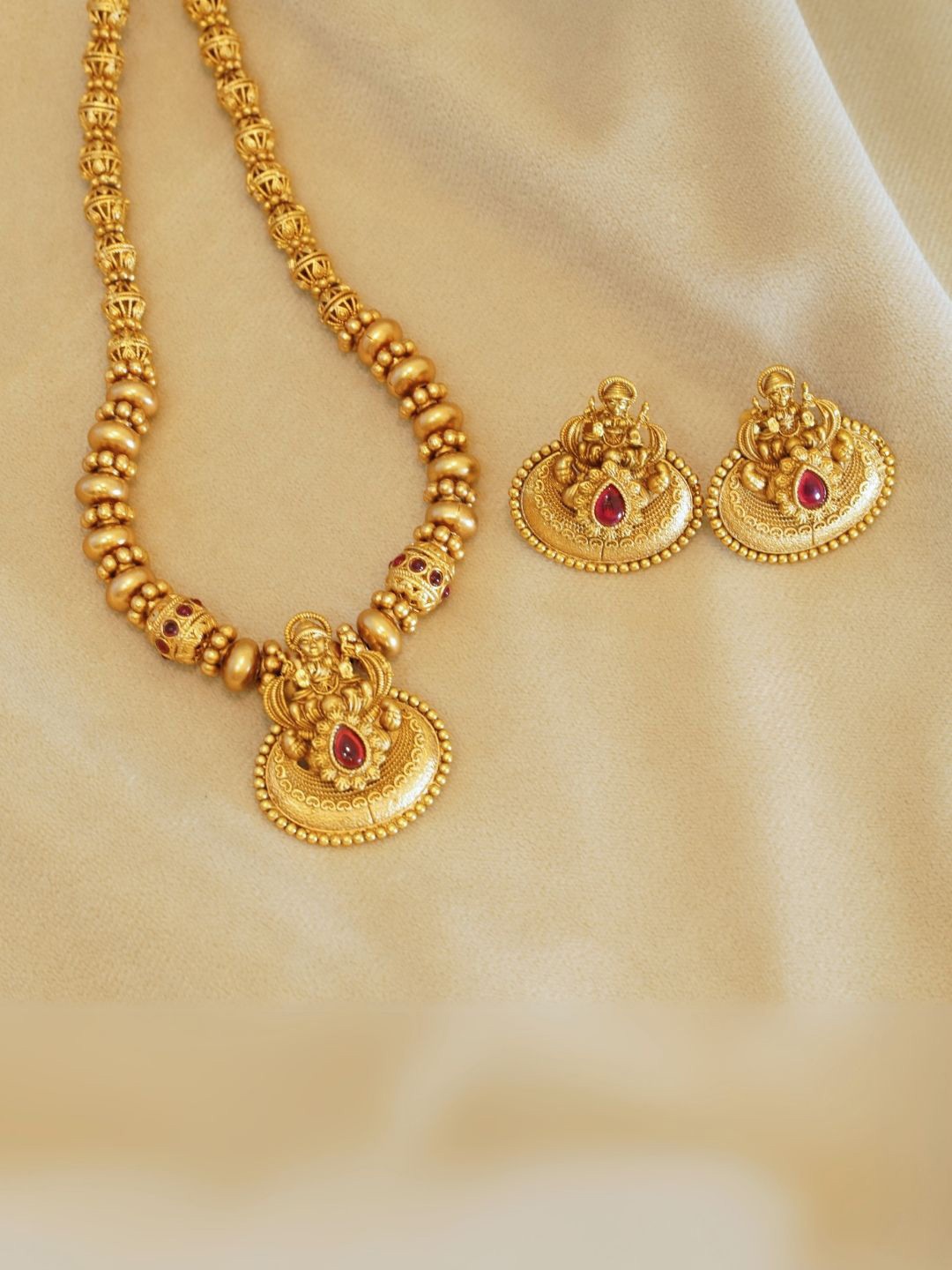 

inc63-for elites Gold- Plated Laxmi Pendant Stone Studded Necklace & Earrings